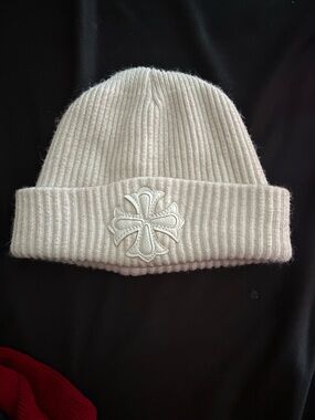 Chrome Hearts White Ribbed Beanie with Leather Cross Patch